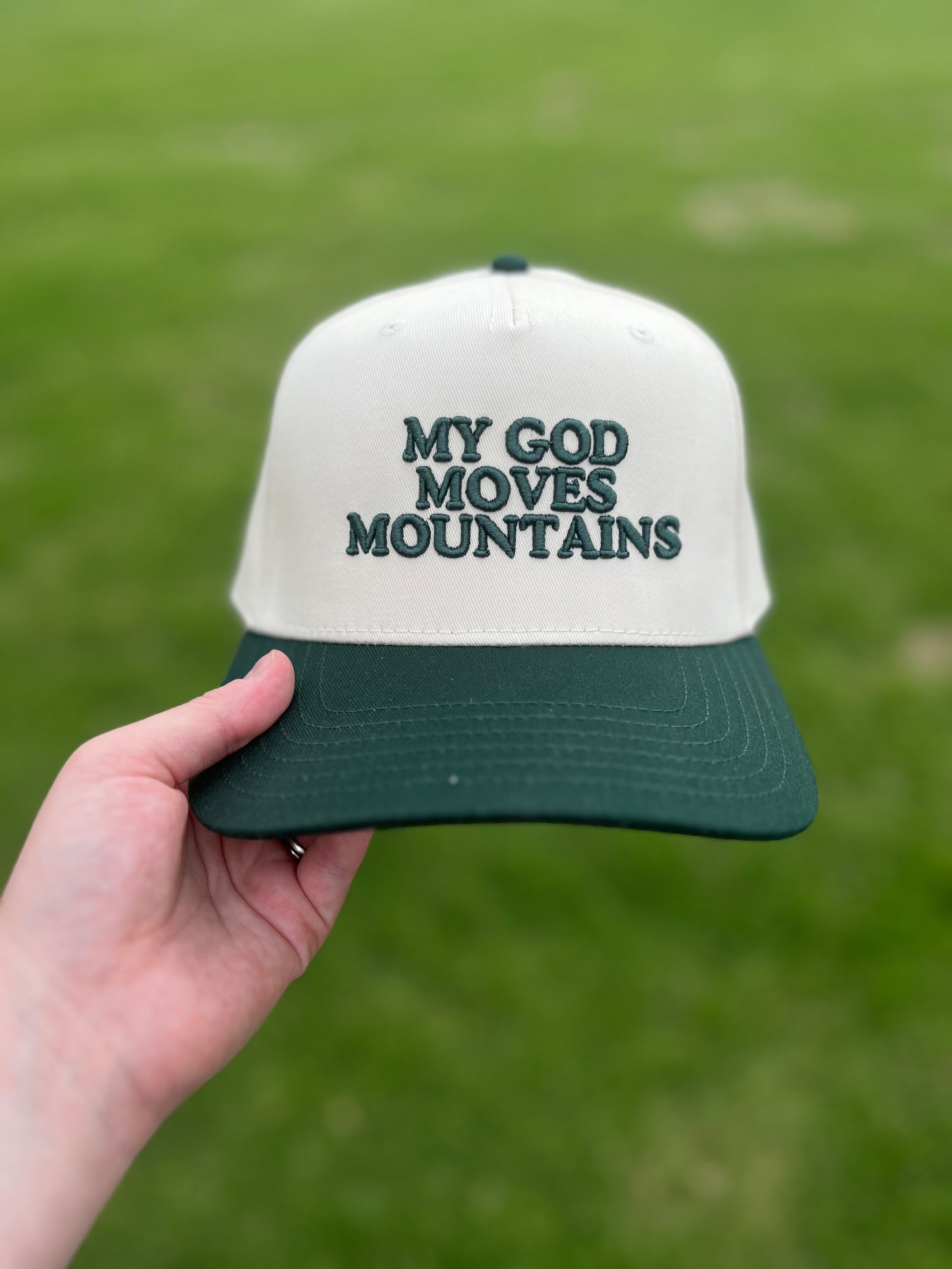 My God Moves Mountains Christian Snapback Hat In Dark Green For Men & Women