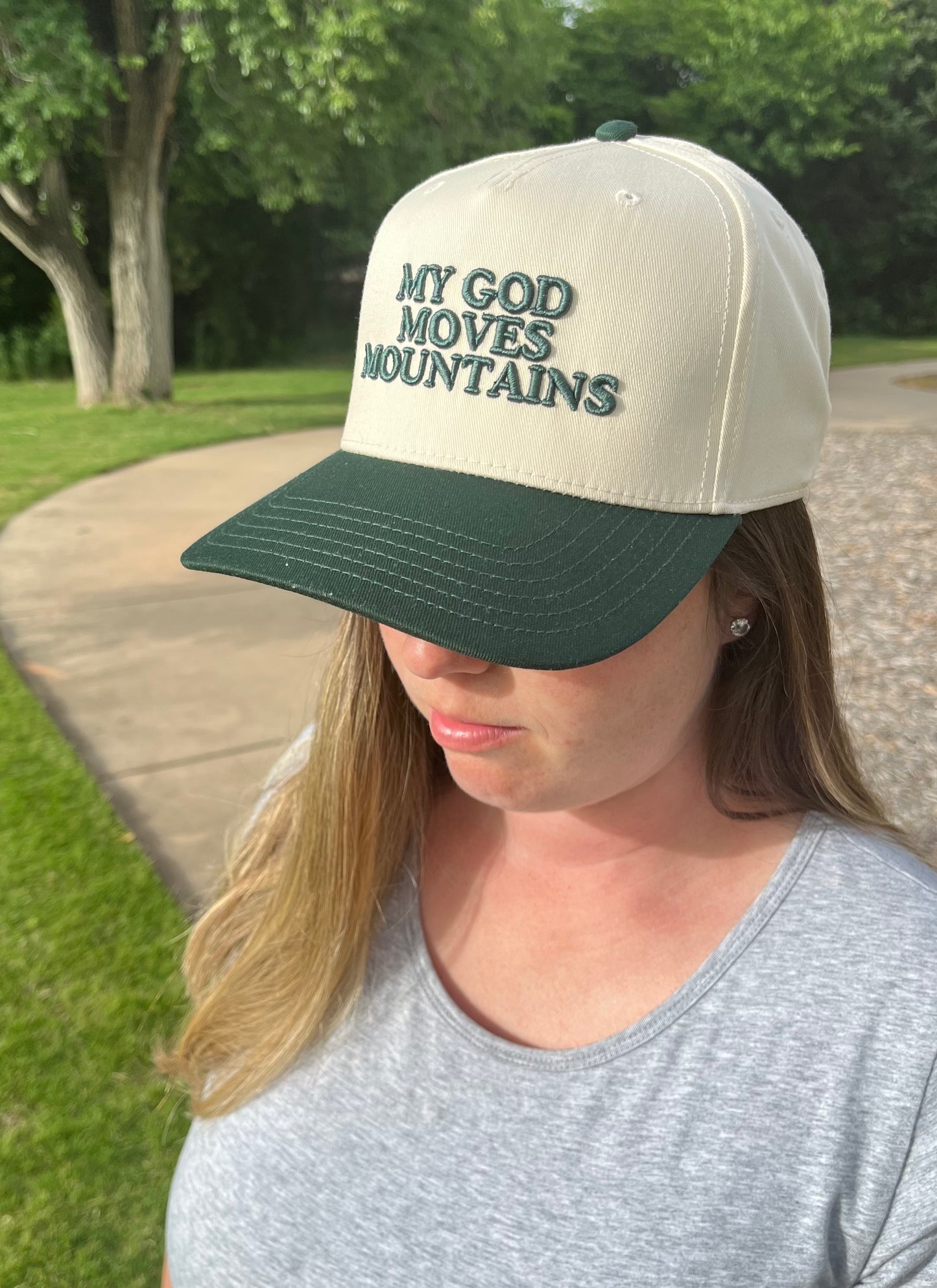 My God Moves Mountains Christian Snapback Hat In Dark Green For Men & Women
