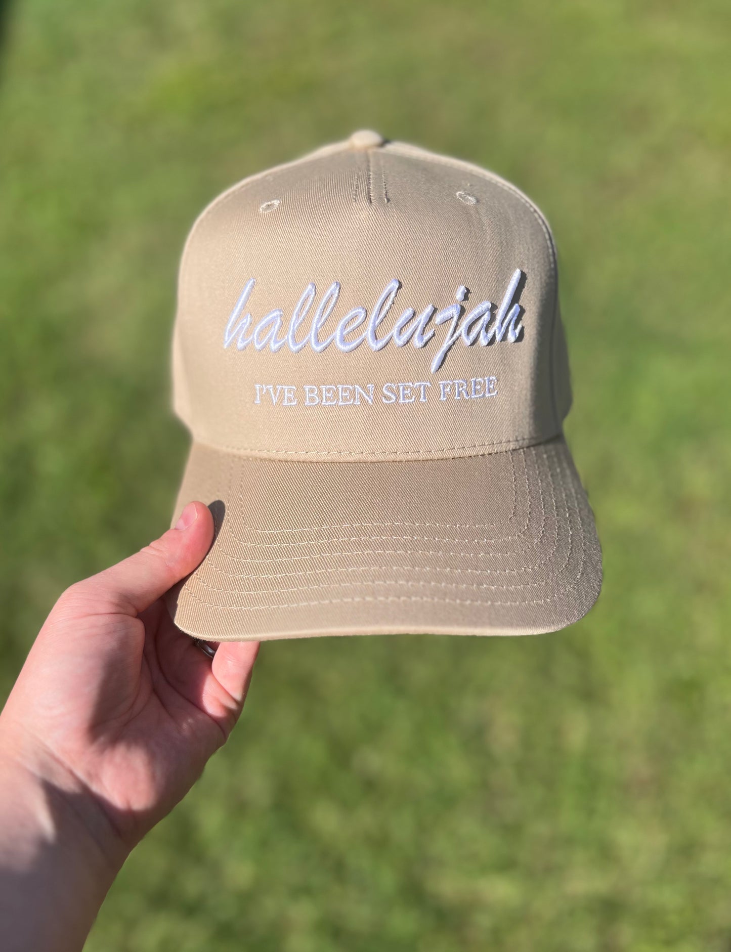 Hallelujah I've Been Set Free Christian Snapback Hat In Khaki For Men & Women