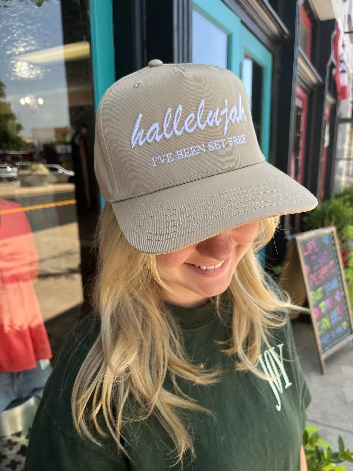 Hallelujah I've Been Set Free Christian Snapback Hat In Khaki For Men & Women