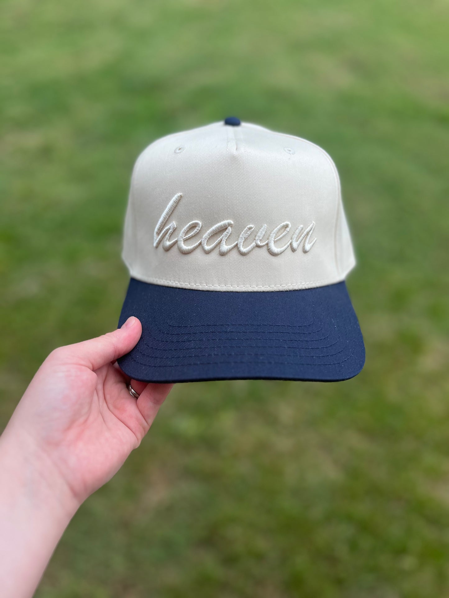Heaven Christian Snapback Hat In Navy Blue W/ Natural Lettering For Men & Women
