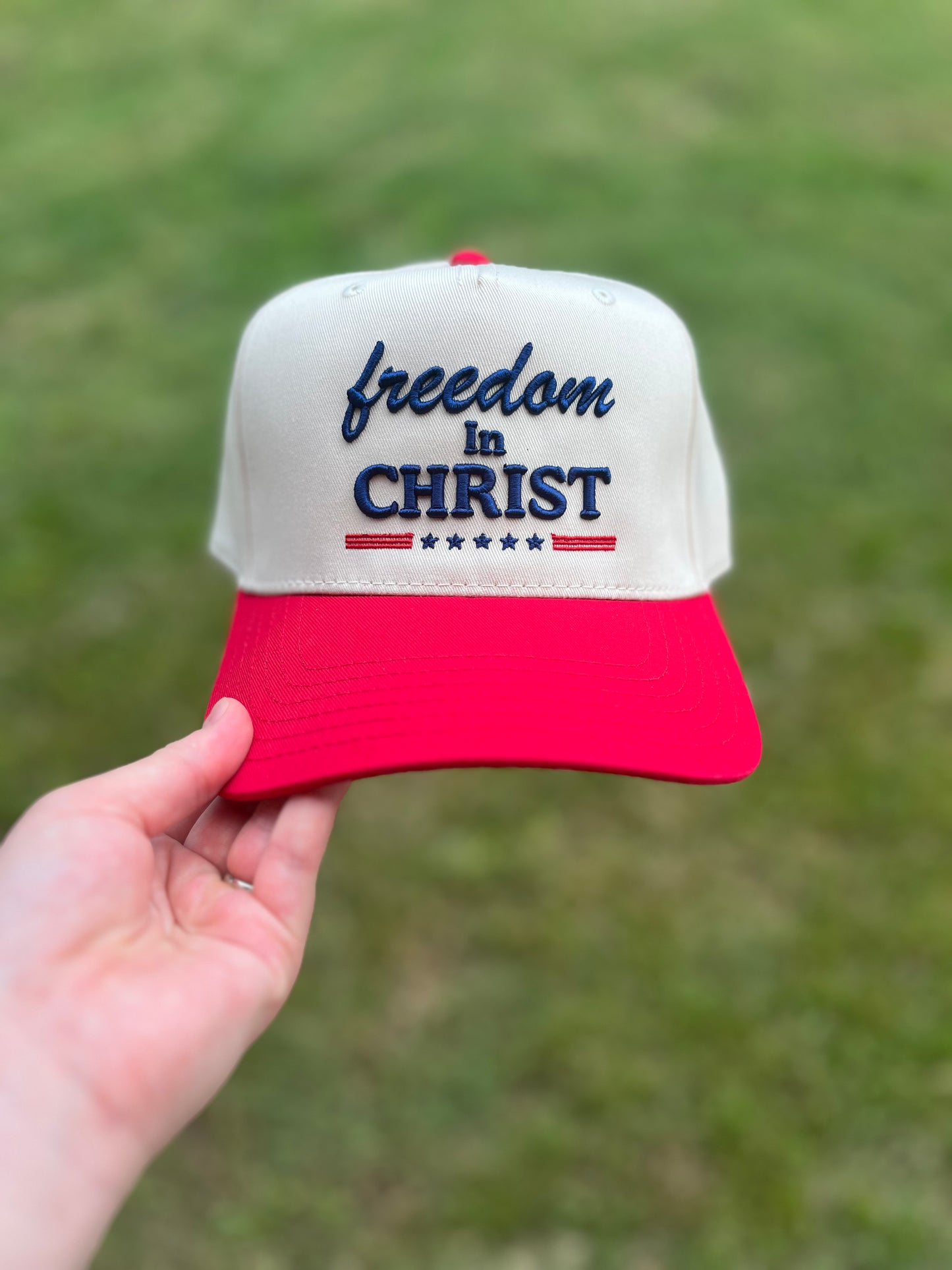 Freedom In Christ Christian Snapback Hat In Red W/ Blue Lettering For Men & Women
