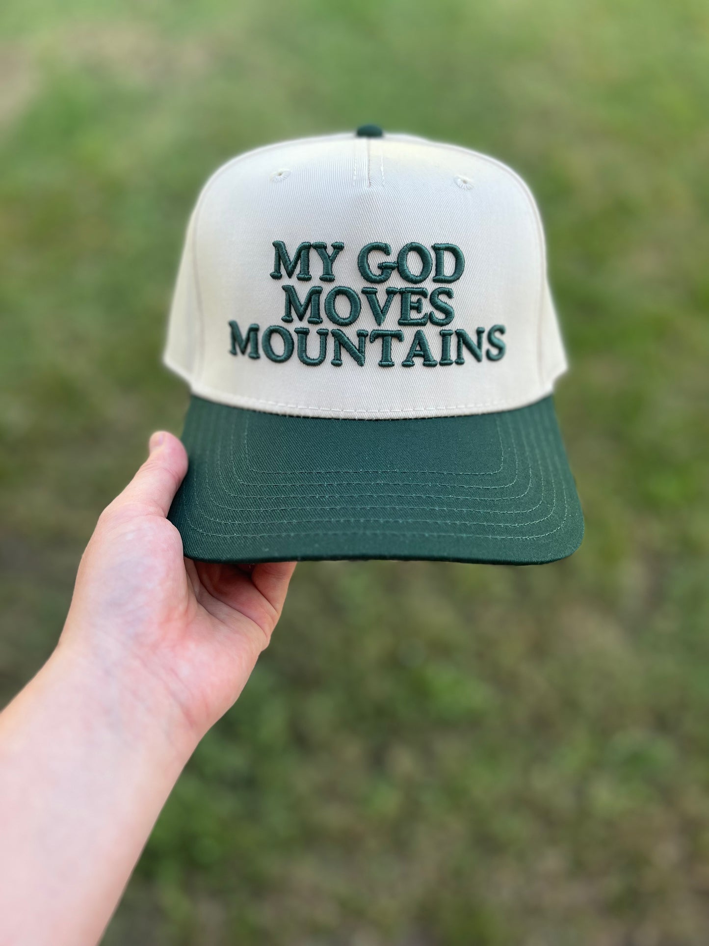 My God Moves Mountains Christian Snapback Hat In Dark Green For Men & Women