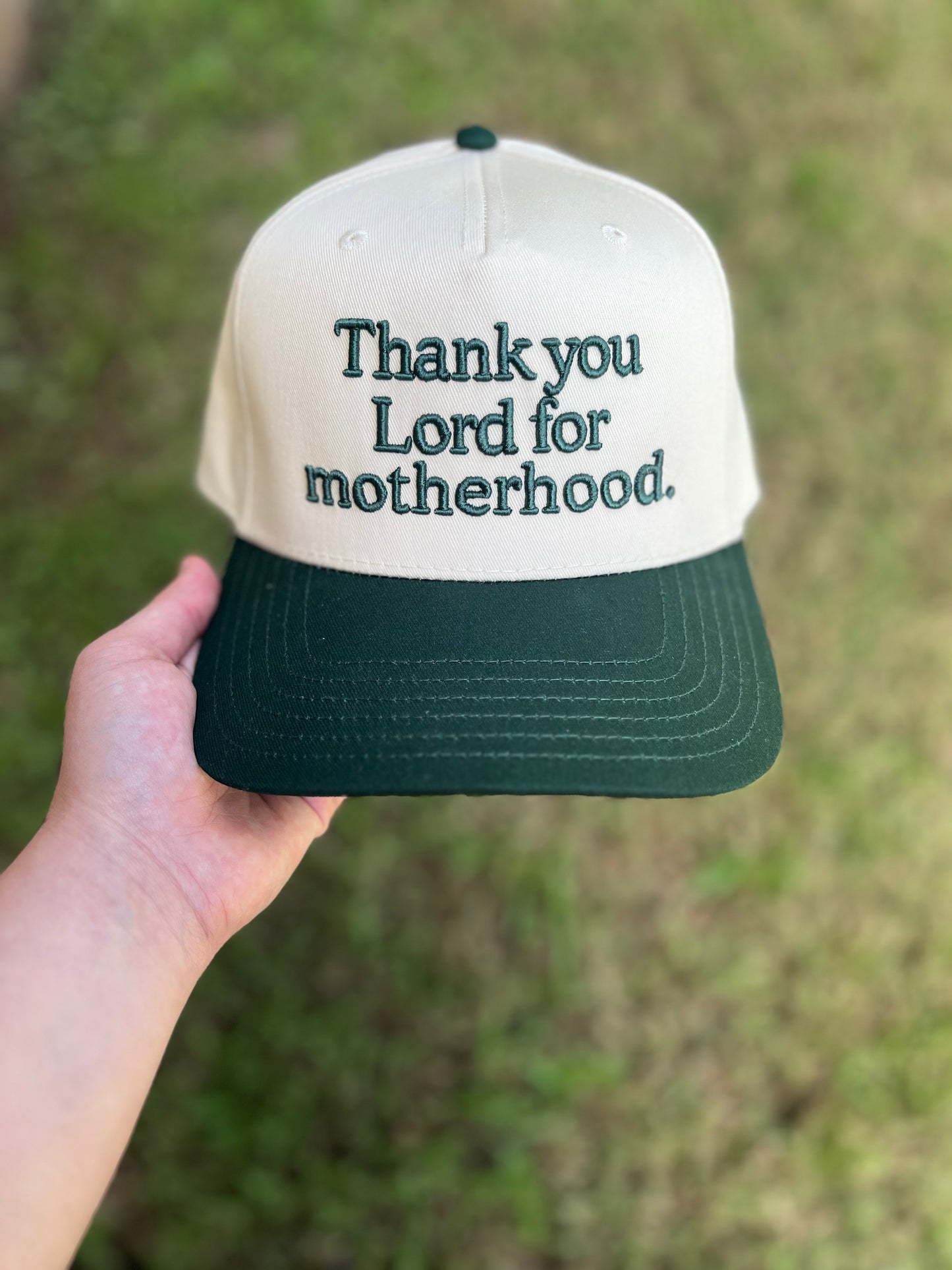 Thank You Lord For Motherhood Christian Snapback Hat In Dark Green For Women