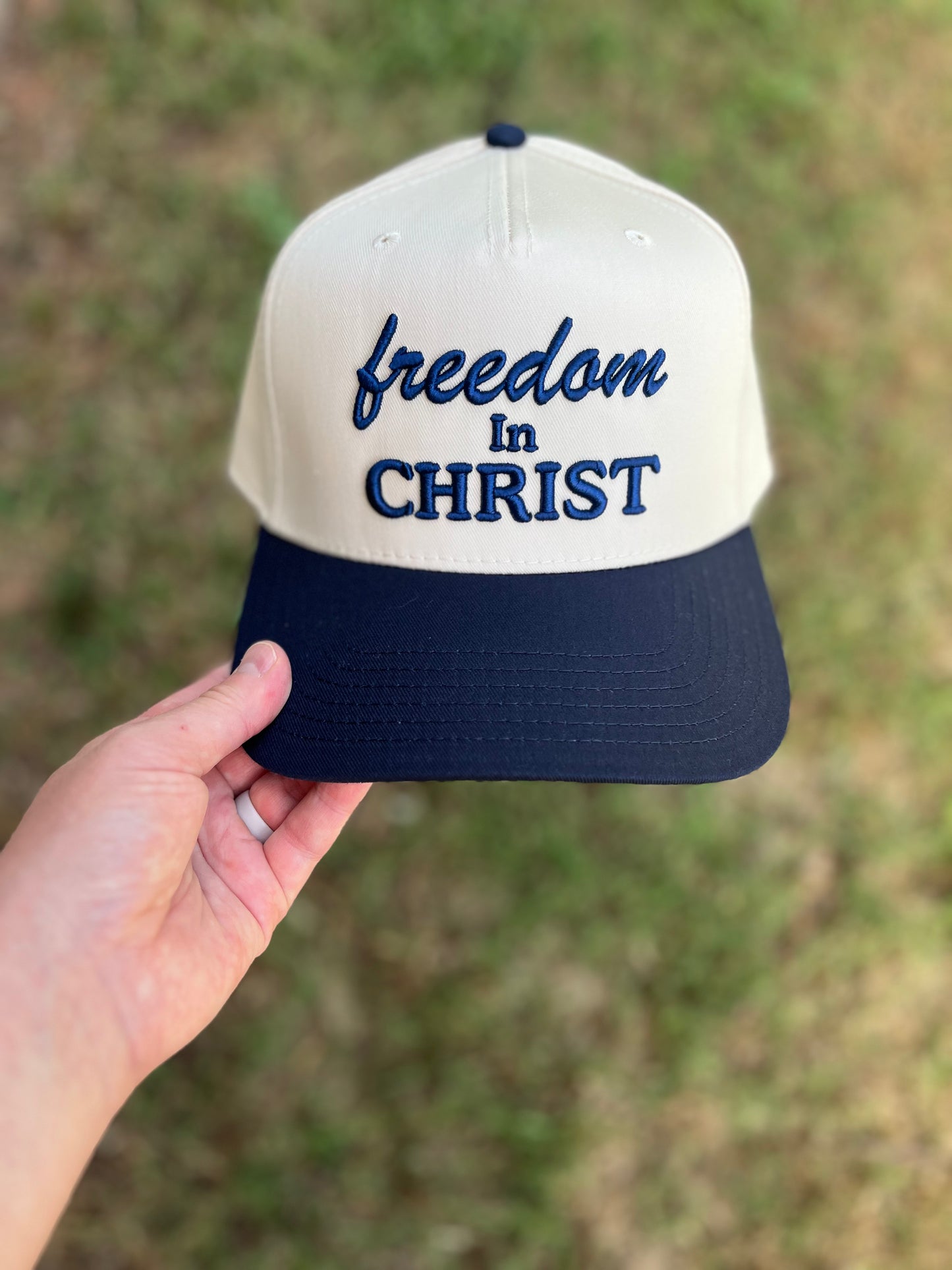 Freedom In Christ Christian Snapback Hat In Navy Blue For Men & Women
