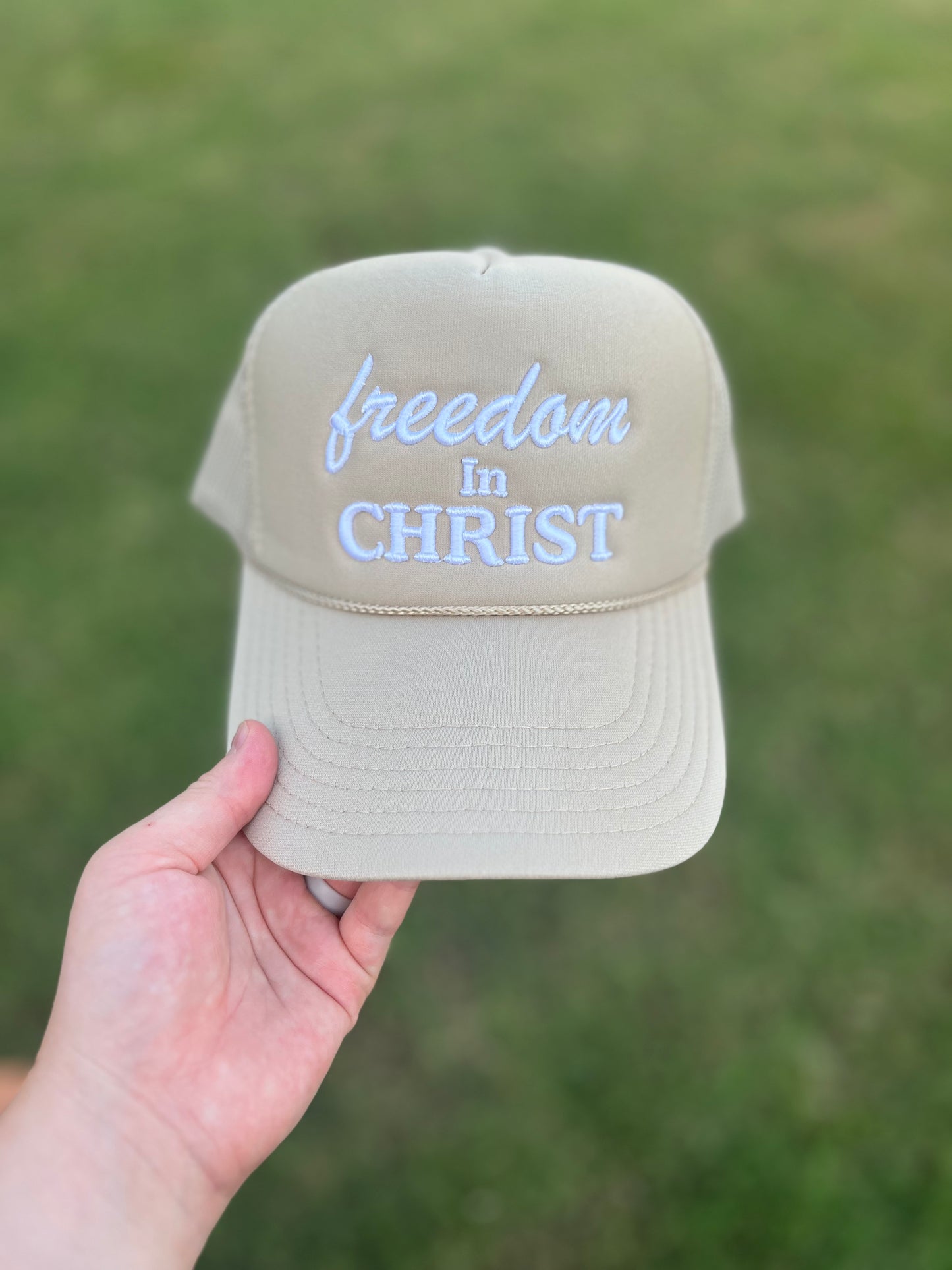 Freedom In Christ Christian Foam Trucker Hat In Khaki For Men & Women