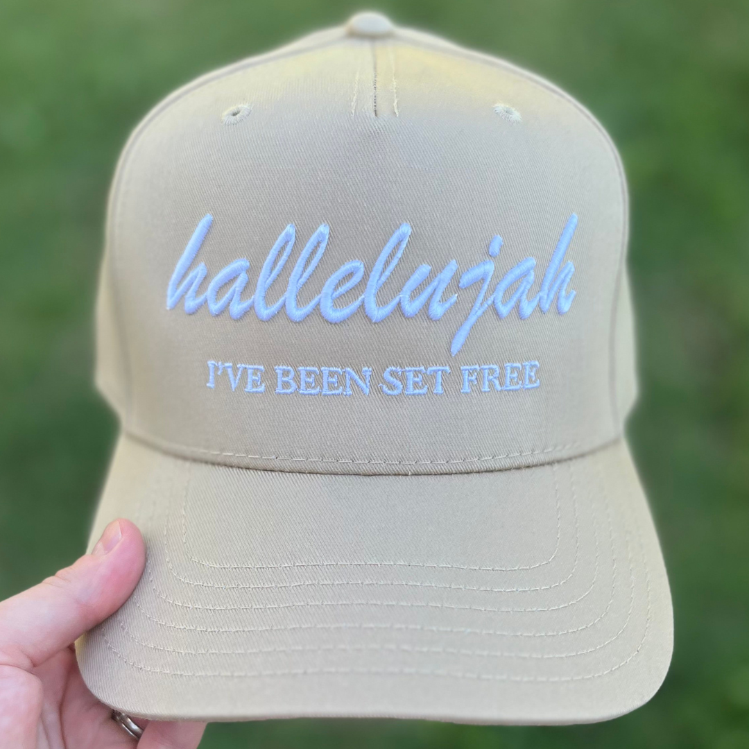 Hallelujah I've Been Set Free Christian Snapback Hat In Khaki For Men & Women