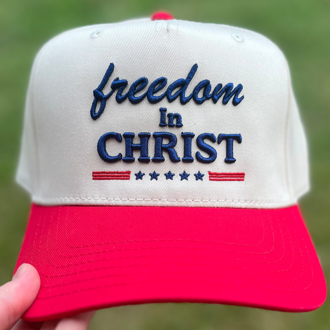 Freedom In Christ Christian Snapback Hat In Red W/ Blue Lettering For Men & Women