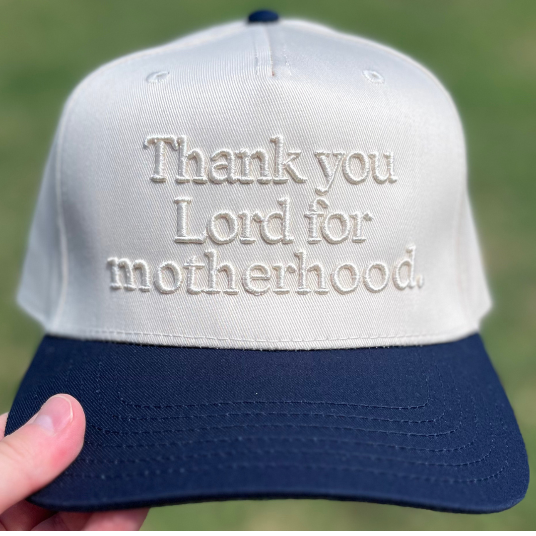 Thank You Lord For Motherhood Christian Snapback Hat In Navy Blue W/ Cream Lettering For Women