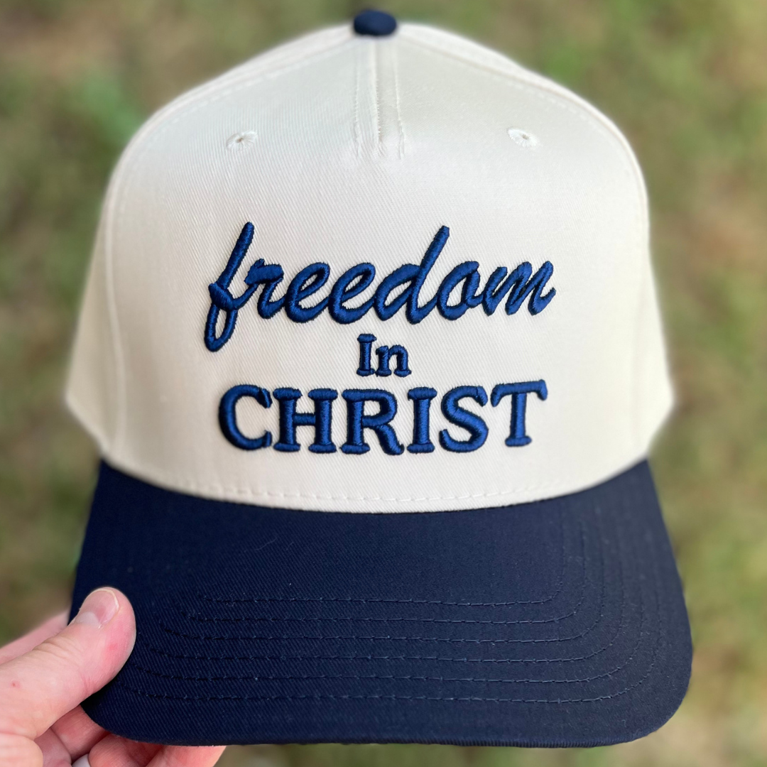 Freedom In Christ Christian Snapback Hat In Navy Blue For Men & Women