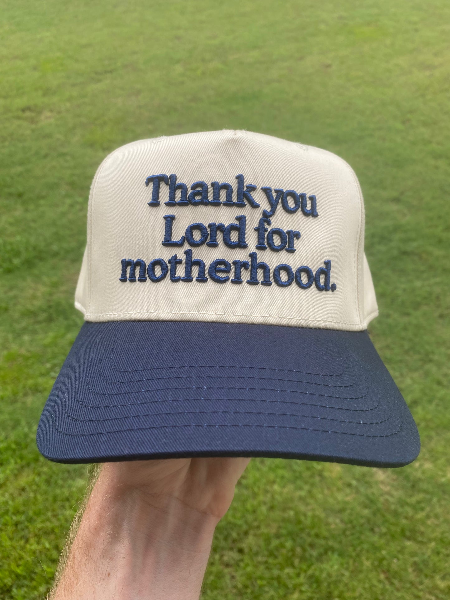 Thank You Lord For Motherhood Christian Snapback Hat In Navy Blue For Women