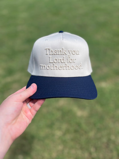 Thank You Lord For Motherhood Christian Snapback Hat In Navy Blue W/ Cream Lettering For Women