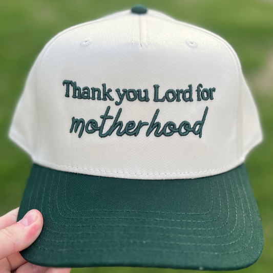 Thank You Lord For Motherhood Christian Snapback Hat In Green With Script For Women