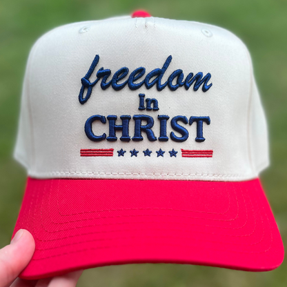 Freedom In Christ Christian Snapback Hat In Red W/ Blue Lettering For Men & Women