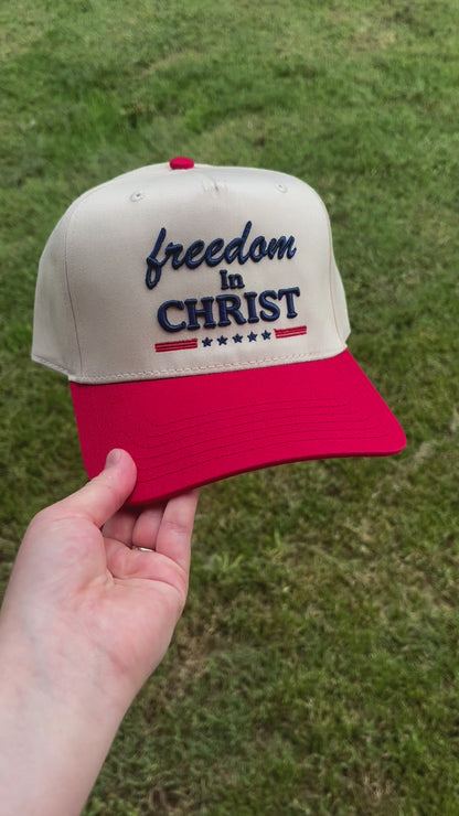 Freedom In Christ Christian Snapback Hat In Red W/ Blue Lettering For Men & Women
