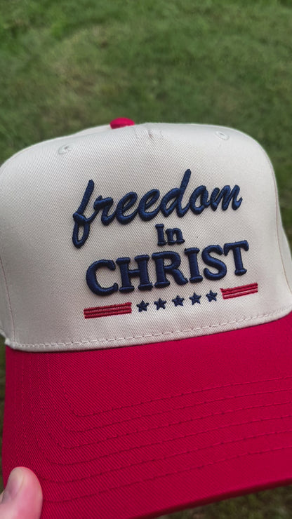 Freedom In Christ Christian Snapback Hat In Red W/ Blue Lettering For Men & Women