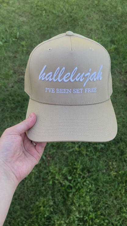 Hallelujah I've Been Set Free Christian Snapback Hat In Khaki For Men & Women