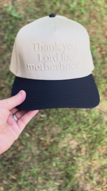 Thank You Lord For Motherhood Christian Snapback Hat In Navy Blue W/ Cream Lettering For Women